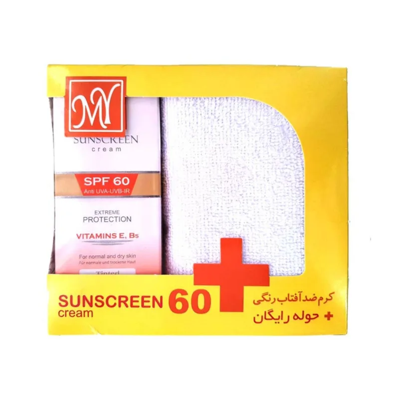 پک کرم ضد آفتاب رنگی مای SPF60 حجم ۵۰ میل به همراه حوله