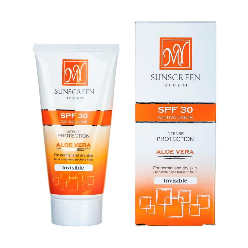 کرم ضد آفتاب بی رنگ آلوئه ورا مای مناسب پوست خشک SPF30 حجم ۵۰ میل